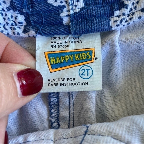 Vintage 80’s 90’s HAPPY KIDS Lace Print Ruffle Denim Overall Romper Toddler 2T - Picture 10 of 11